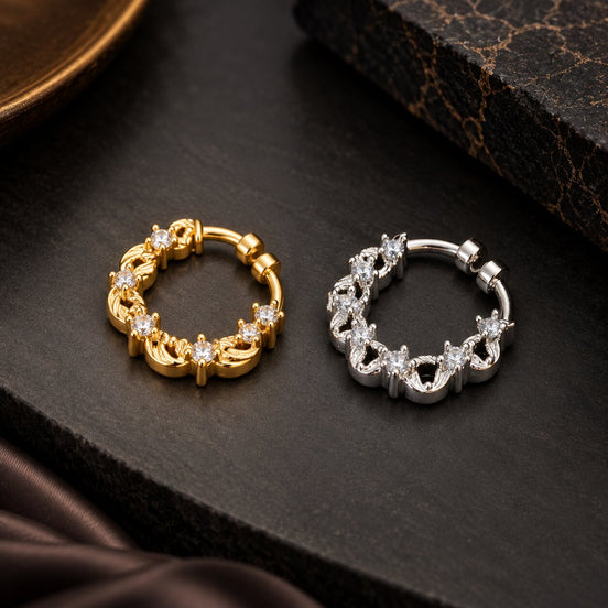 Gold & Rhodium Plated Elegant Swirl CZ Nose Ring - Pack of 2