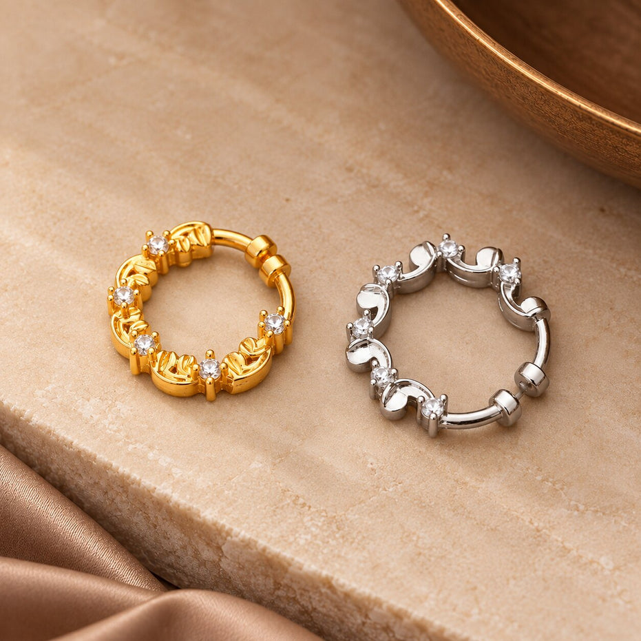Gold & Rhodium Plated Leaf Vine Pattern Nose Ring - Pack of 2