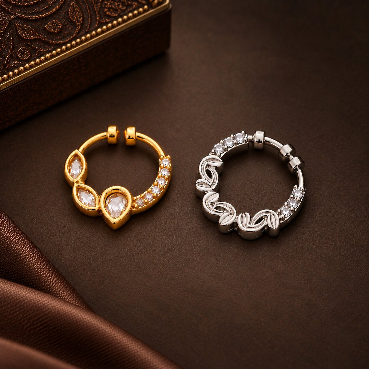 Gold & Rhodium Plated Leaf Cluster Nose Ring - Pack of 2
