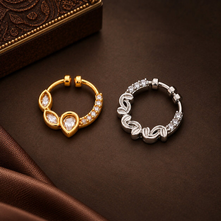 Gold & Rhodium Plated Leaf Cluster Nose Ring - Pack of 2