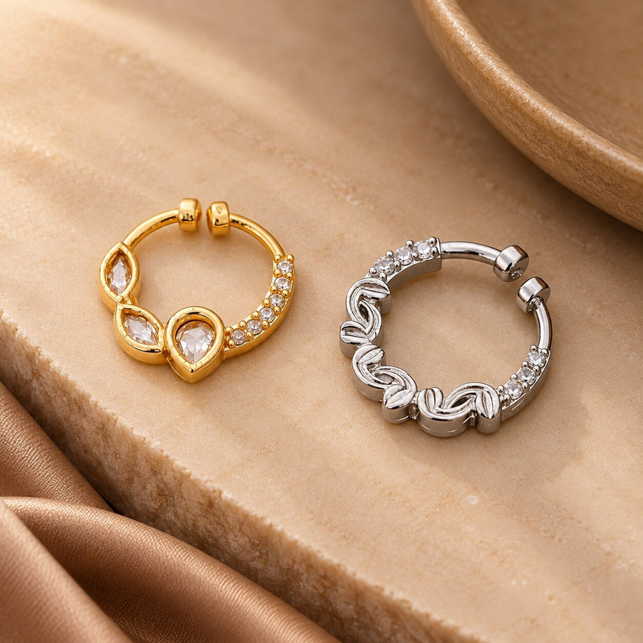 Gold & Rhodium Plated Leaf Cluster Nose Ring - Pack of 2