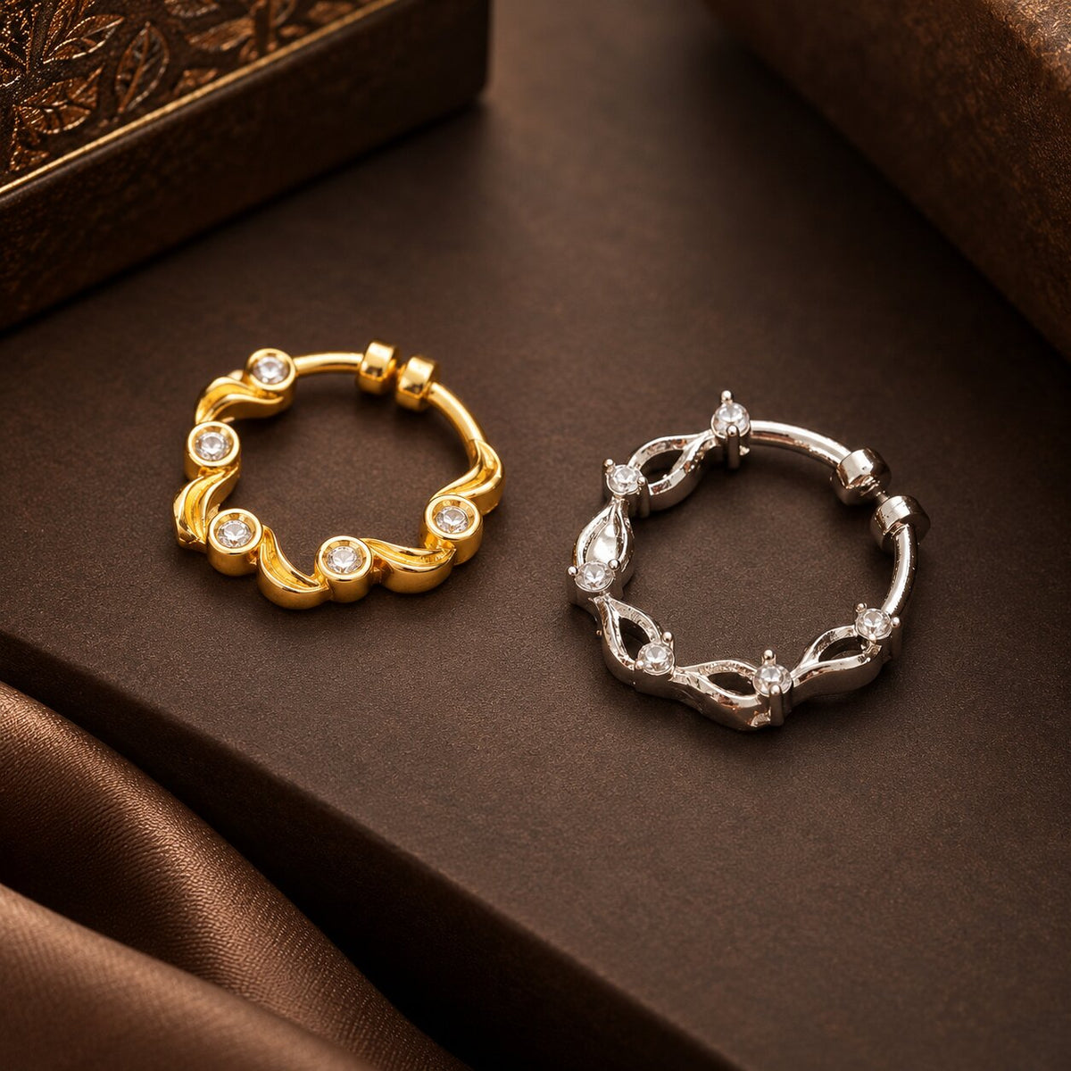 Gold & Rhodium Plated Wave Pattern CZ Nose Ring - Pack of 2