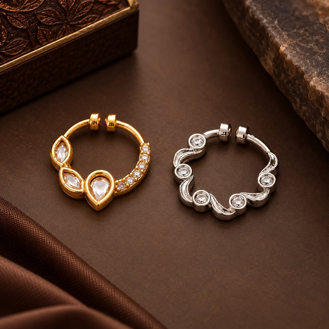 Gold & Rhodium Plated Teardrop Floral Design Nose Ring - Pack of 2