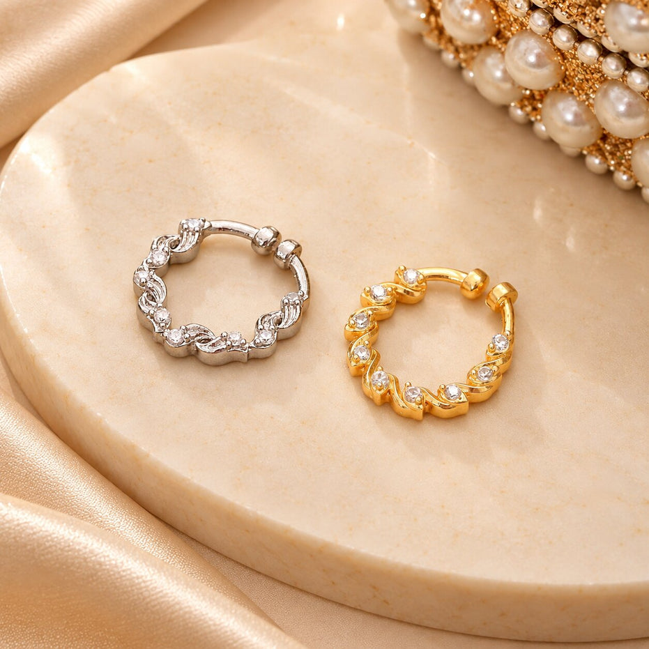 Gold & Rhodium Plated Twisted Vine CZ Nose Ring - Pack of  2