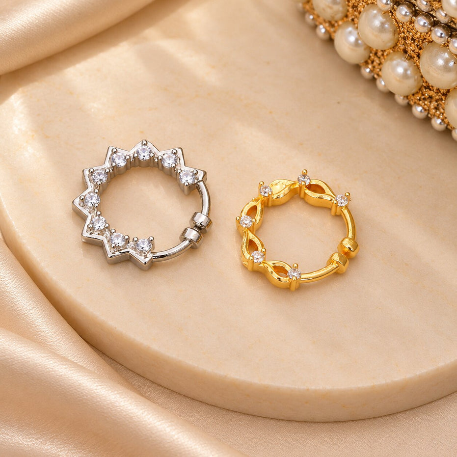 Gold & Rhodium Plated Starburst CZ Nose Ring - Pack of 2