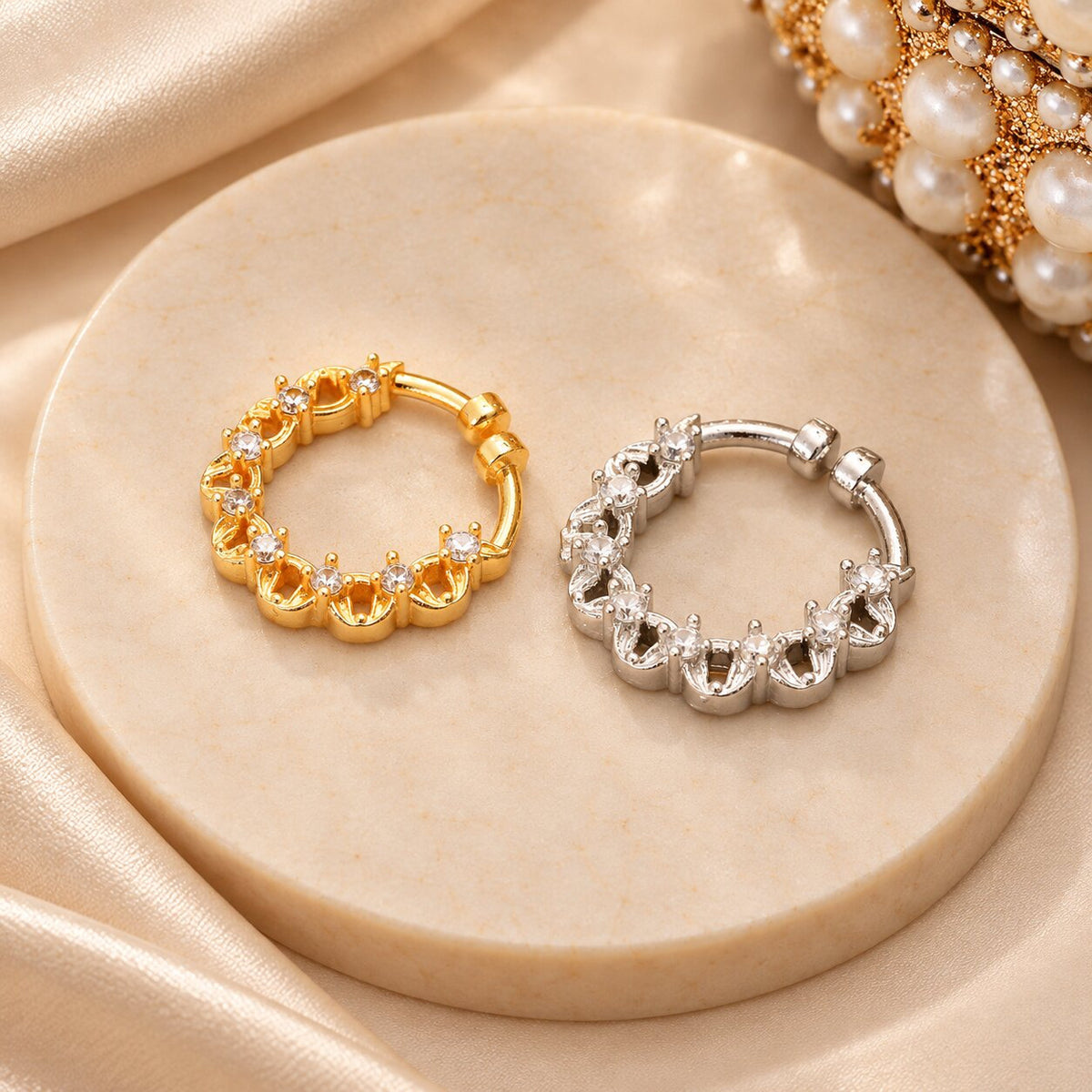 Gold & Rhodium Plated Floral Loop CZ Nose Ring - Pack of 2