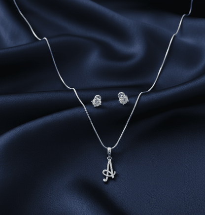 A' Initial Necklace and Cubic Zirconia Stud Earrings Set (Pack of 2) - Opal Touch