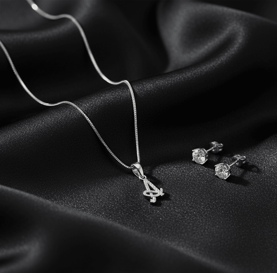 A' Initial Necklace and Cubic Zirconia Stud Earrings Set (Pack of 2) - Opal Touch