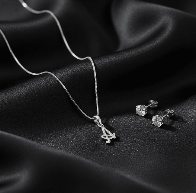 A' Initial Necklace and Cubic Zirconia Stud Earrings Set (Pack of 2) - Opal Touch