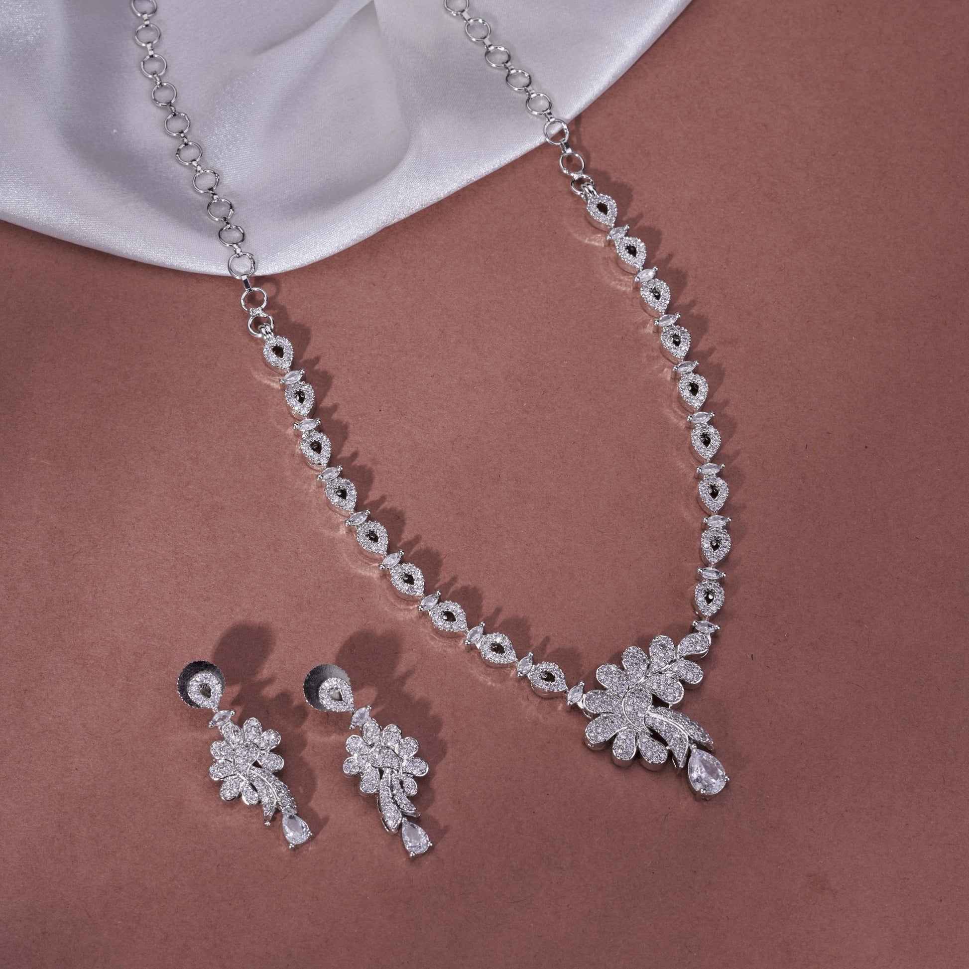 Necklace - Adorned Dewdrop Rhodium Plated Necklace Set - Opal Touch