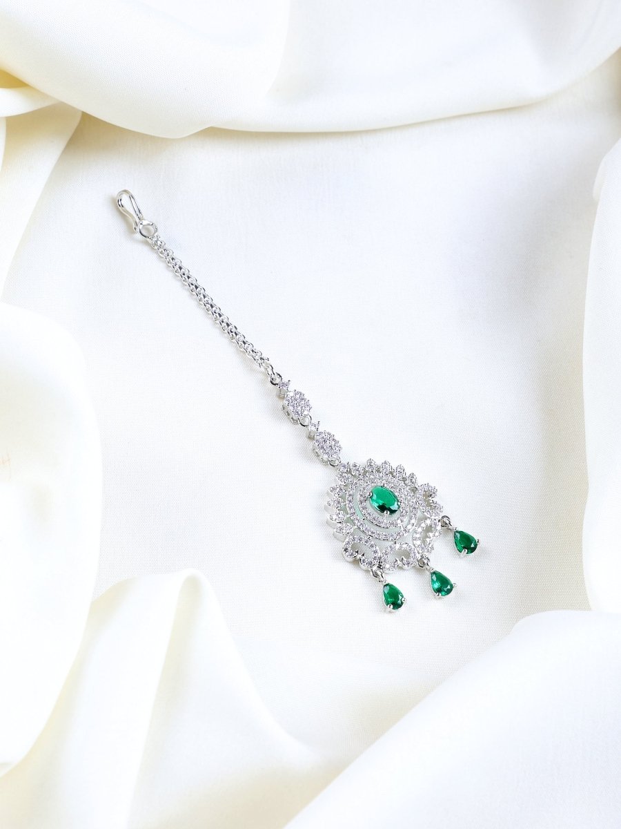 American Diamond CZ Studded Rhodium Plated Maang Tikka - Opal Touch