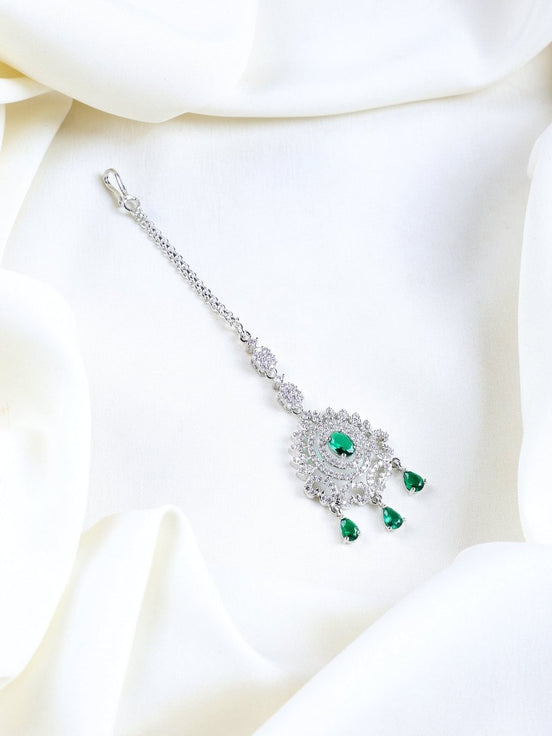 American Diamond CZ Studded Rhodium Plated Maang Tikka - Opal Touch