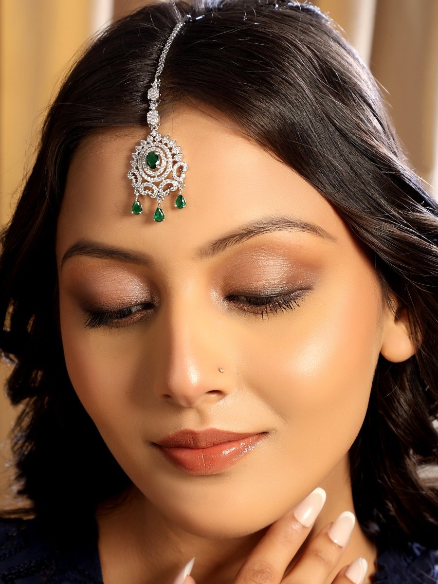 American Diamond CZ Studded Rhodium Plated Maang Tikka - Opal Touch