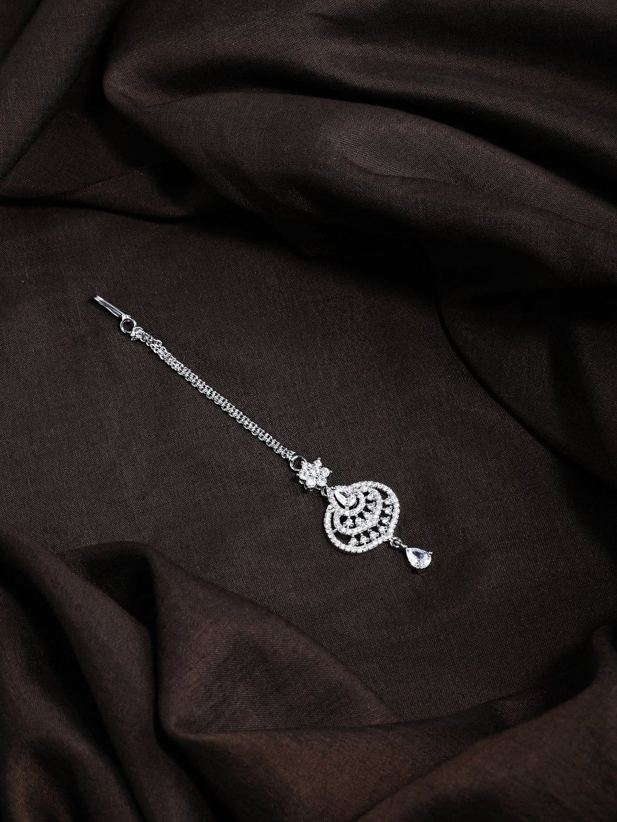 American Diamond CZ Studded Rhodium Plated Maang Tikka - Opal Touch