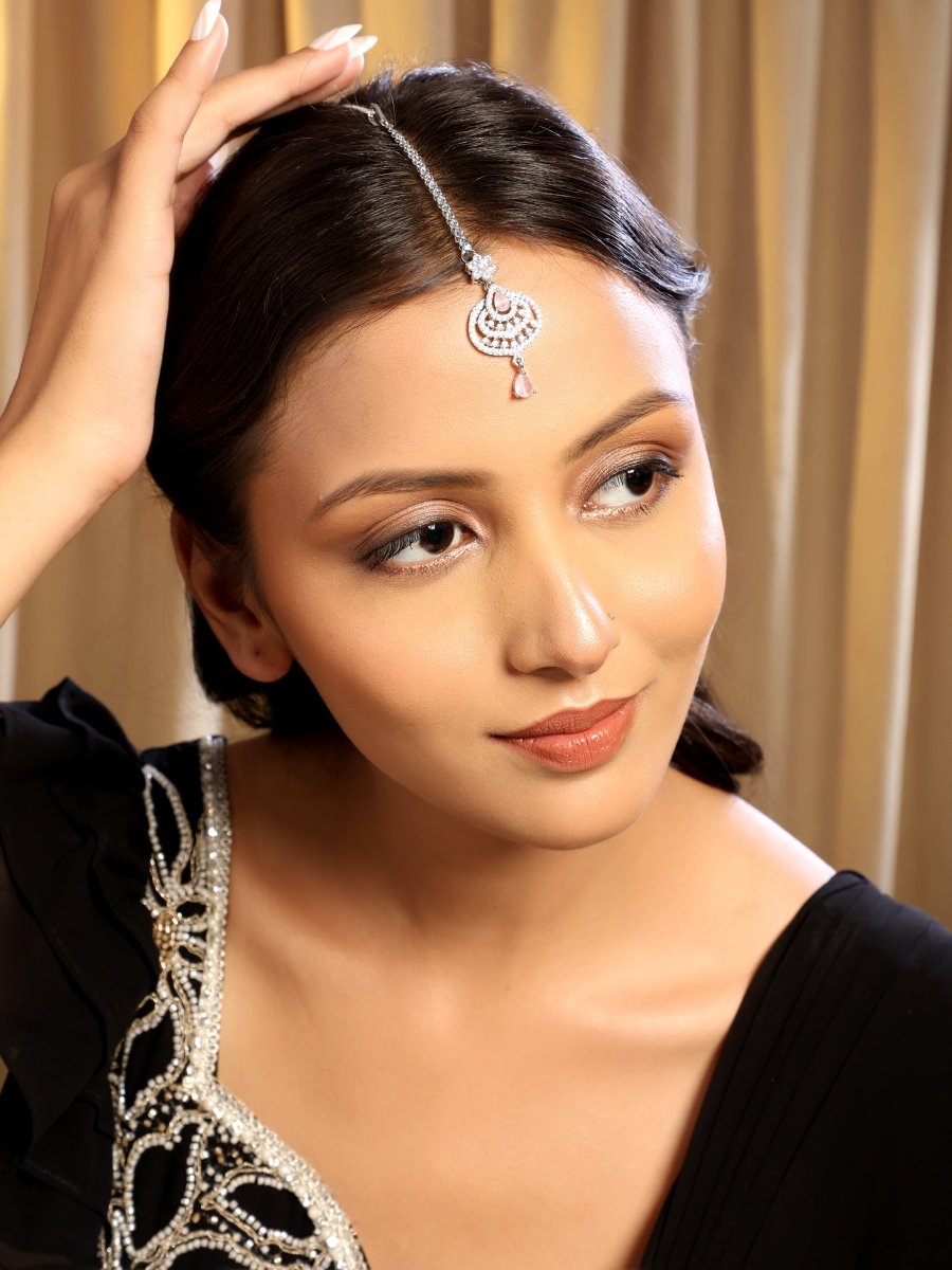 American Diamond CZ Studded Rhodium Plated Maang Tikka - Opal Touch