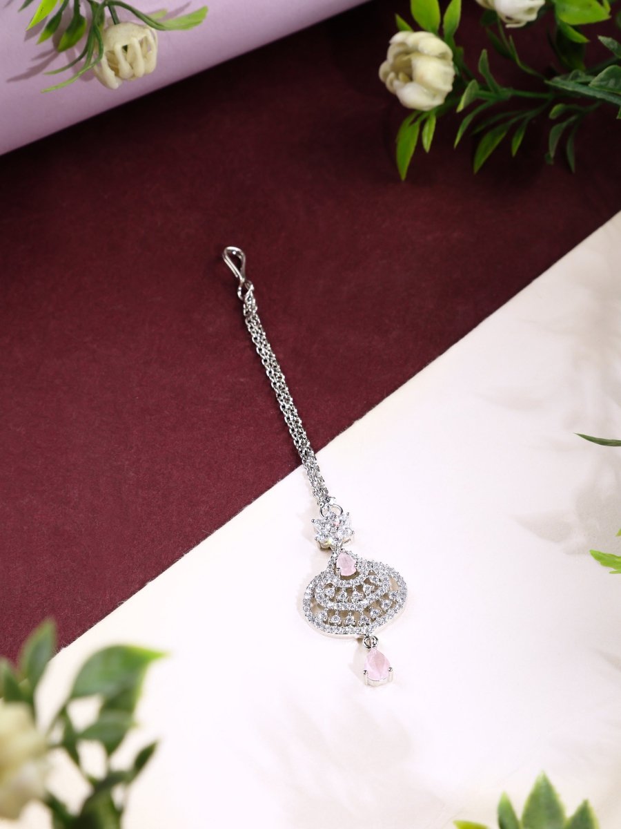 American Diamond CZ Studded Rhodium Plated Maang Tikka - Opal Touch