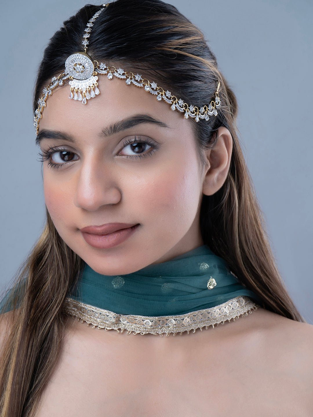 American Diamond Ganga Jamuna Borla (Matha Patti) - Opal Touch