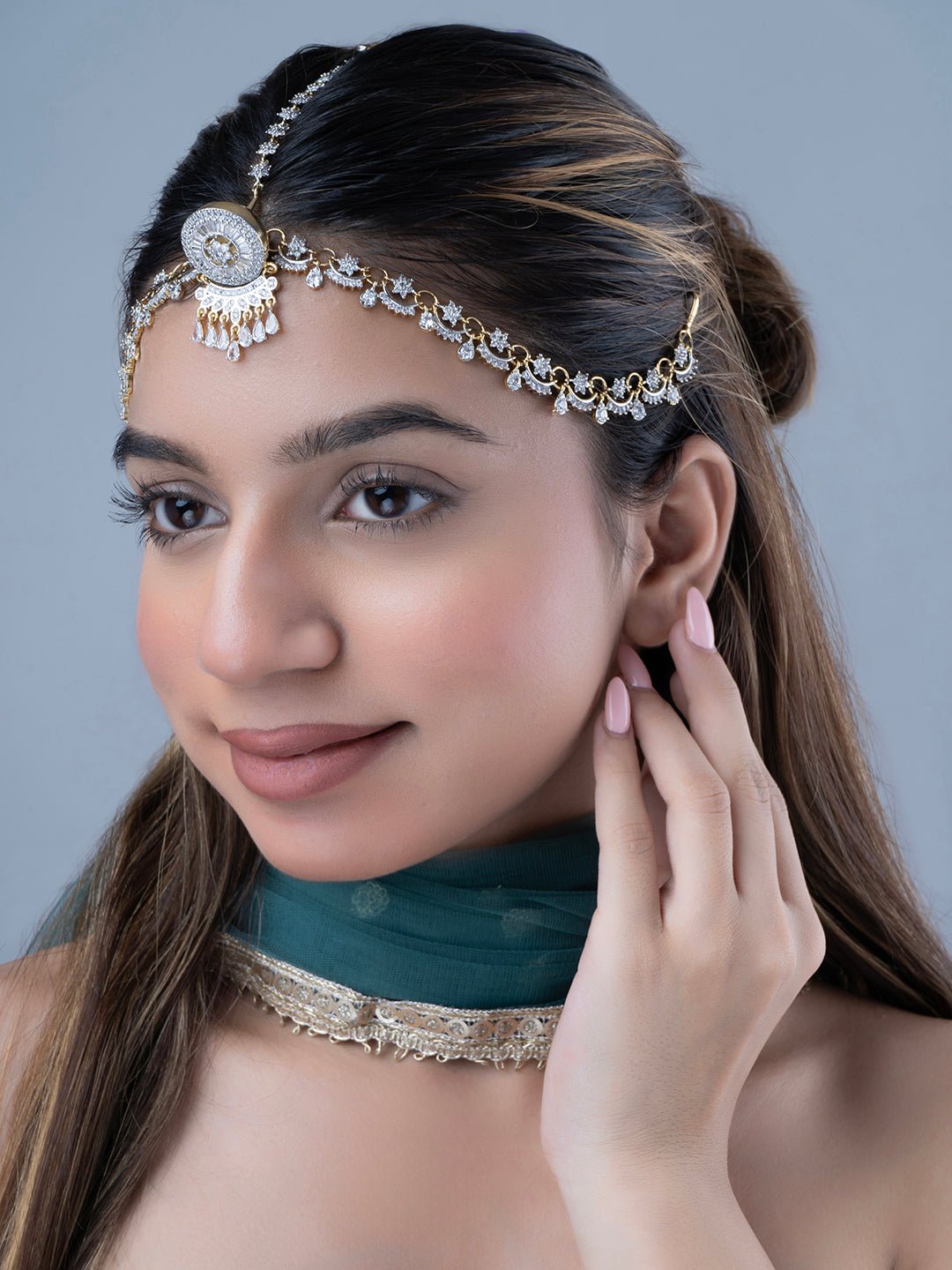 American Diamond Ganga Jamuna Borla (Matha Patti) - Opal Touch