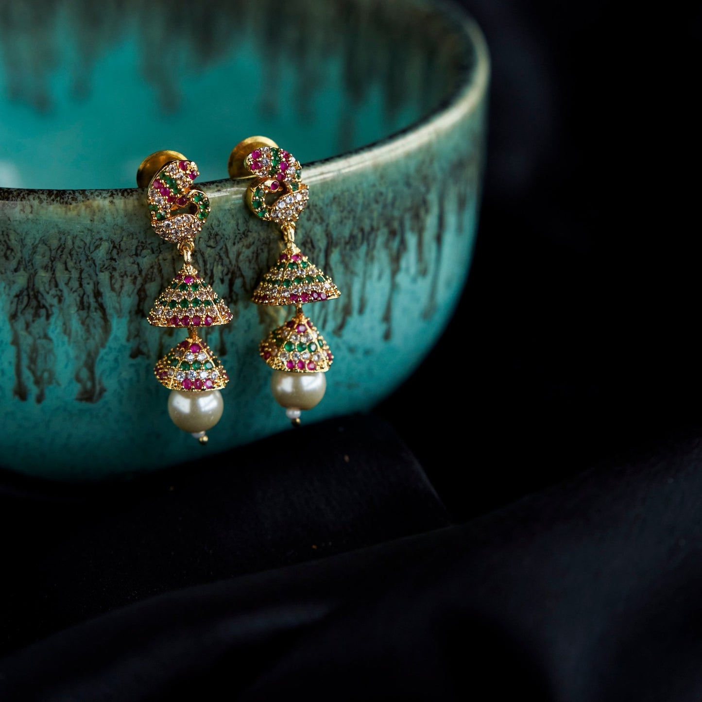 Jhumka - American Diamond Gold Plated Jhumka - Opal Touch