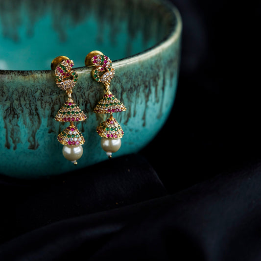 Jhumka - American Diamond Gold Plated Jhumka - Opal Touch