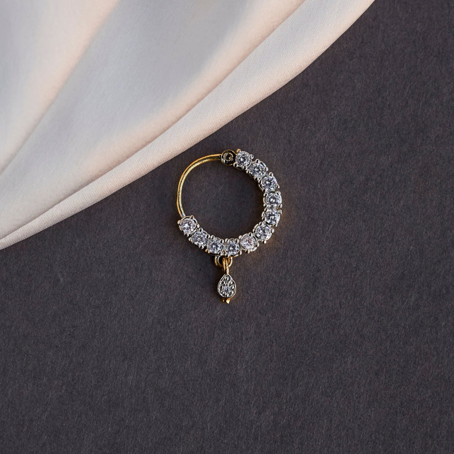 Nose Pin - American Diamond Gold Silver Plated Pierced Round Nose Pin - Opal Touch