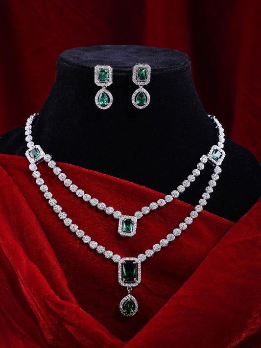 American Diamond Layered Necklace Set with Earrings - Opal Touch