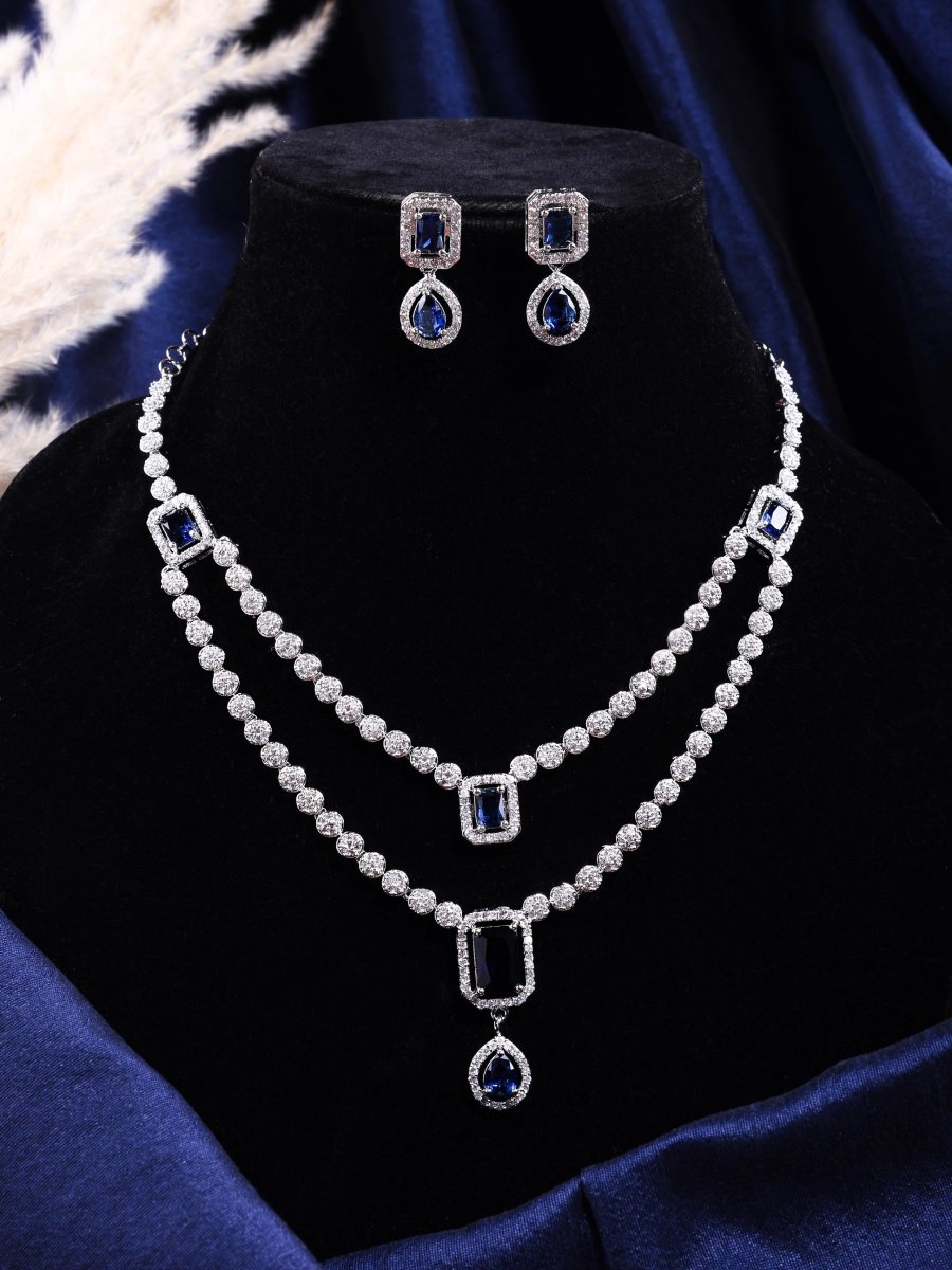 American Diamond Layered Necklace Set with Earrings - Opal Touch