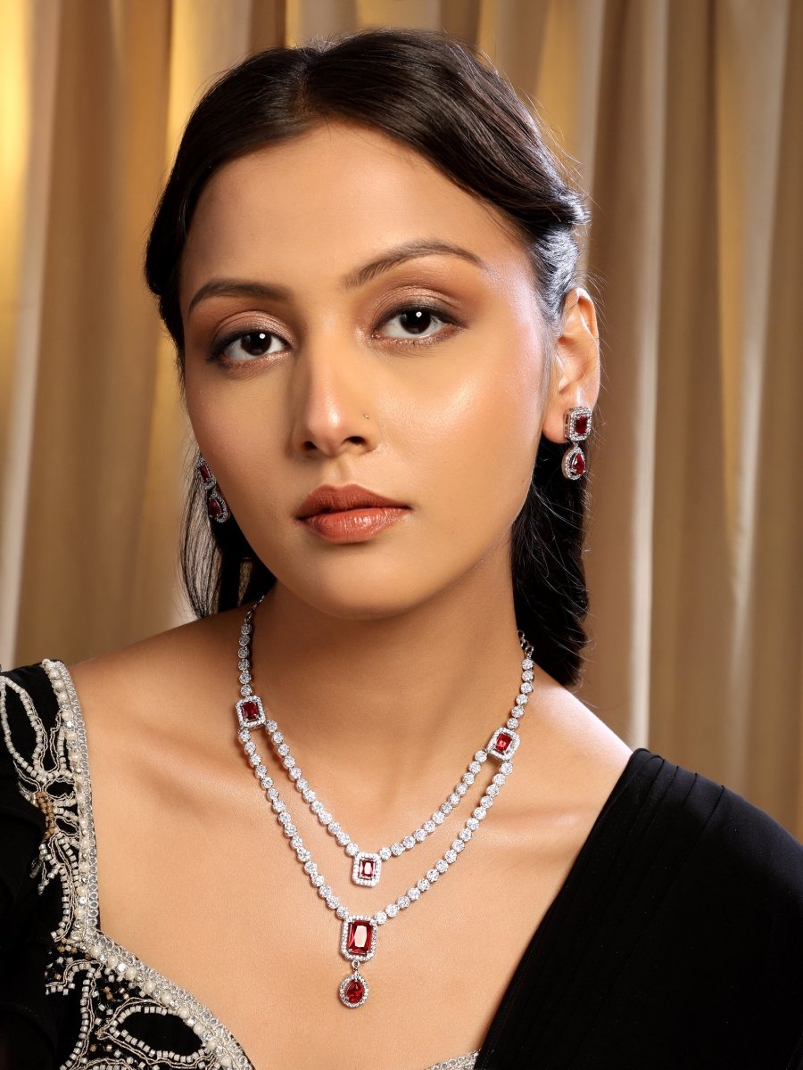 American Diamond Layered Necklace Set with Earrings - Opal Touch