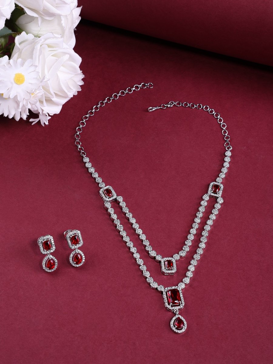 American Diamond Layered Necklace Set with Earrings - Opal Touch