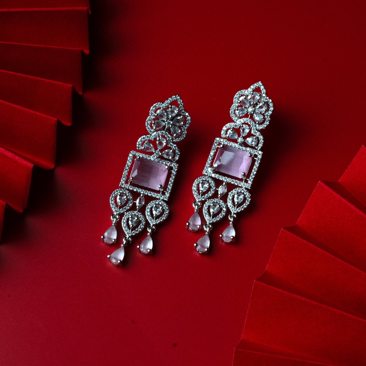 American Diamond Long Rhodium Plated Dangle Earrings - Opal Touch