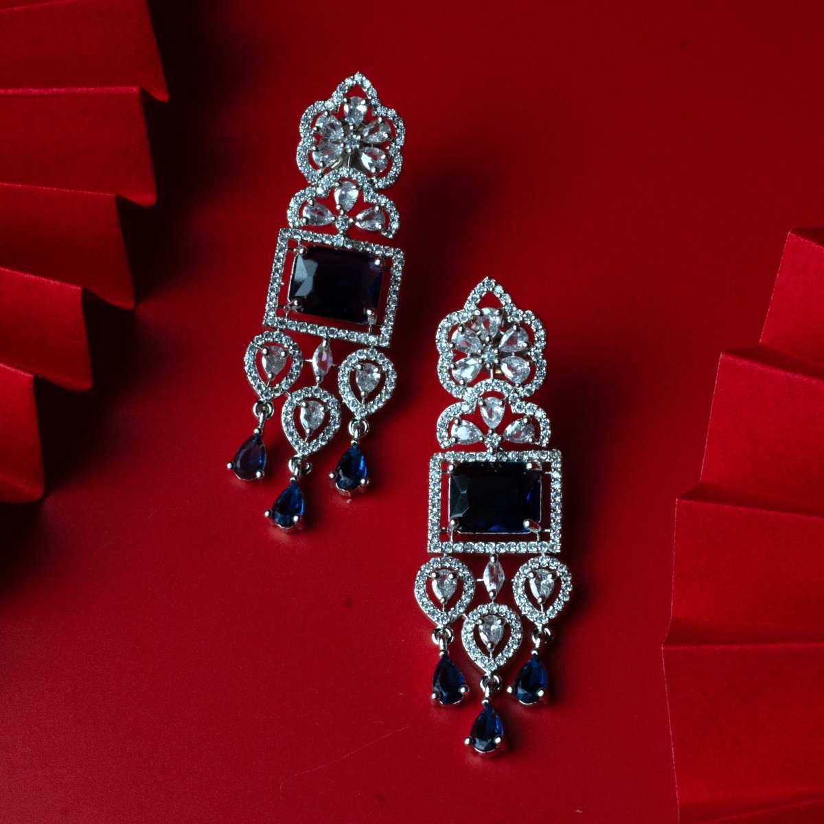 American Diamond Long Rhodium Plated Dangle Earrings - Opal Touch