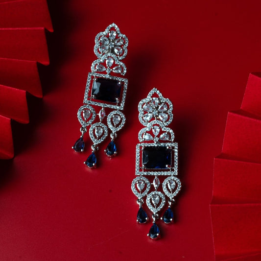 American Diamond Long Rhodium Plated Dangle Earrings - Opal Touch