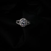 American Diamond Oval Halo Solitaire Statement Rhodium Plated Ring - Opal Touch