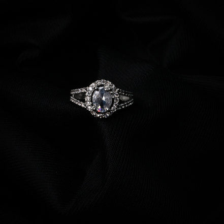 American Diamond Oval Halo Solitaire Statement Rhodium Plated Ring - Opal Touch