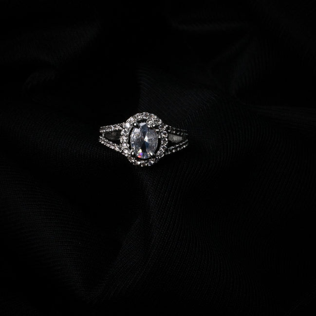 American Diamond Oval Halo Solitaire Statement Rhodium Plated Ring - Opal Touch