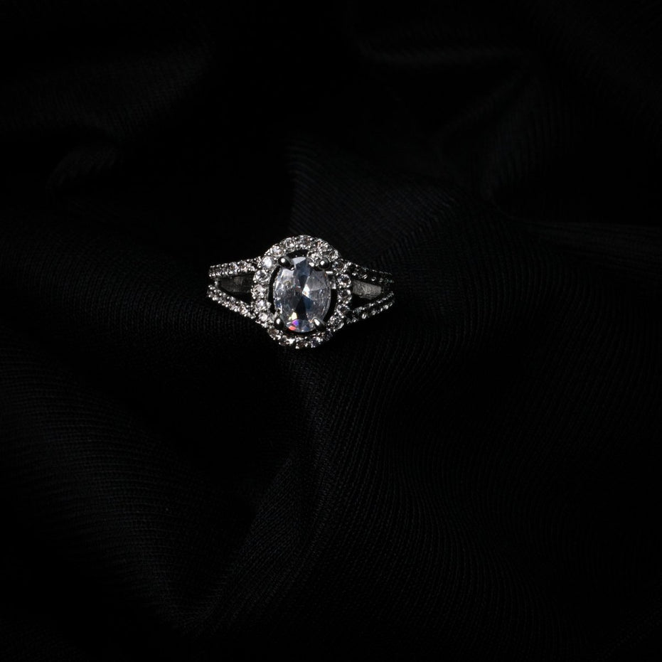 American Diamond Oval Halo Solitaire Statement Rhodium Plated Ring - Opal Touch