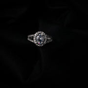 American Diamond Oval Halo Solitaire Statement Rhodium Plated Ring - Opal Touch