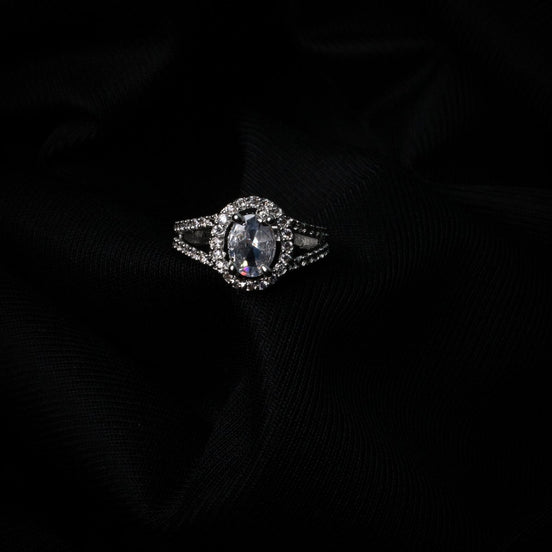 American Diamond Oval Halo Solitaire Statement Rhodium Plated Ring - Opal Touch