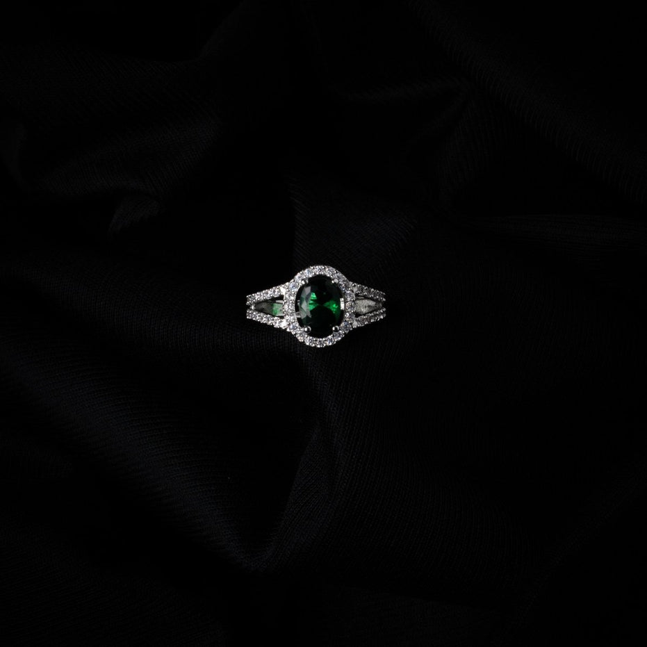American Diamond Oval Halo Solitaire Statement Rhodium Plated Ring - Opal Touch