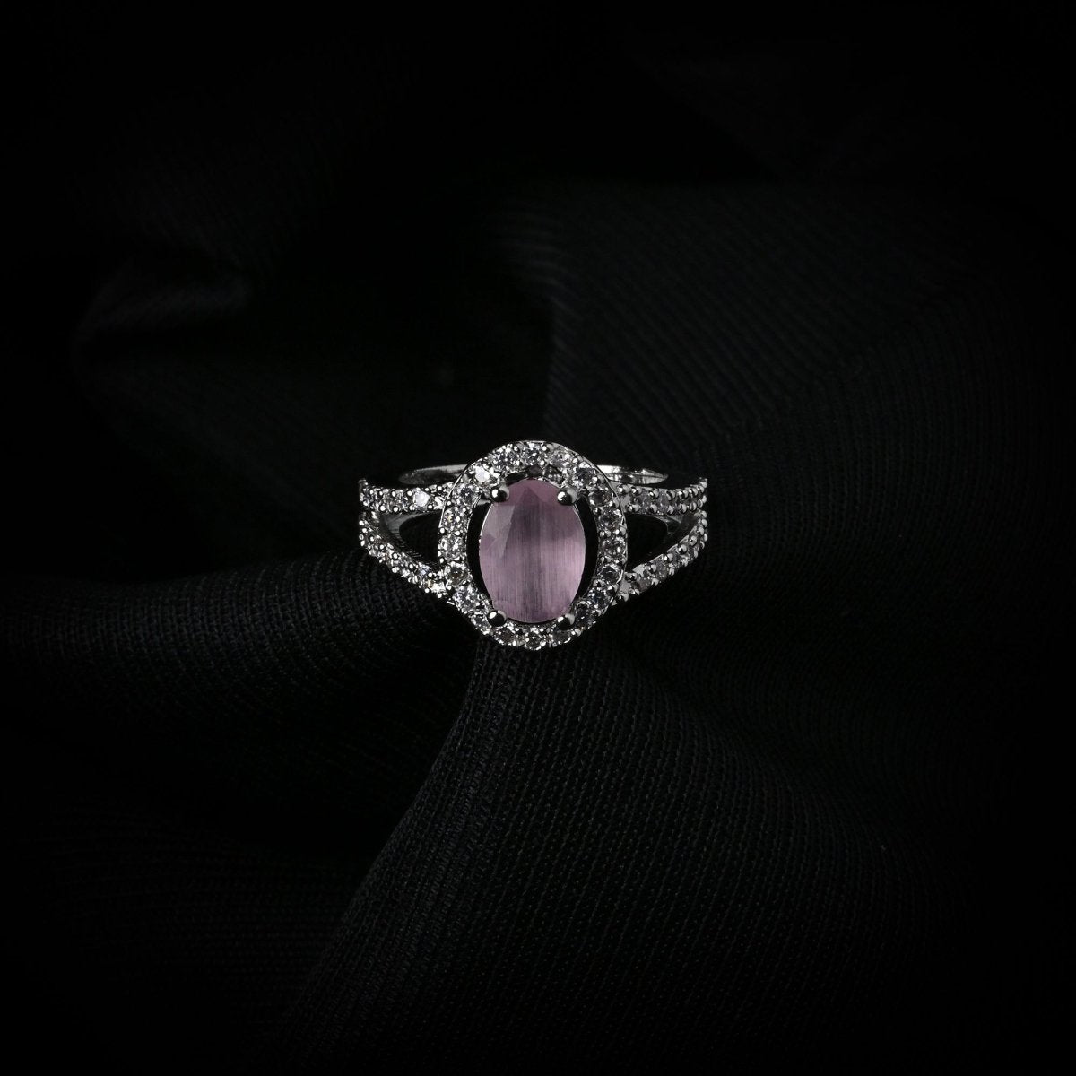 American Diamond Oval Halo Solitaire Statement Rhodium Plated Ring - Opal Touch