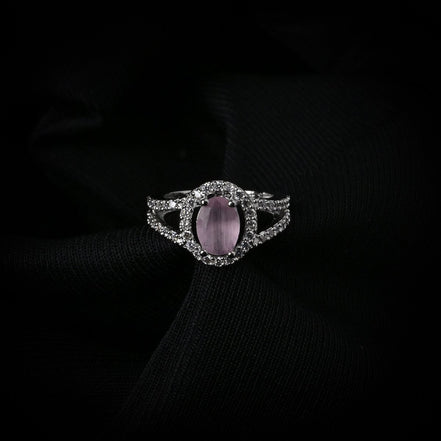 American Diamond Oval Halo Solitaire Statement Rhodium Plated Ring - Opal Touch