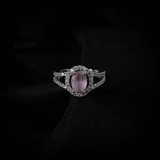 American Diamond Oval Halo Solitaire Statement Rhodium Plated Ring - Opal Touch