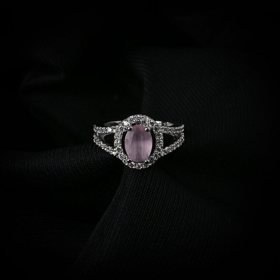 American Diamond Oval Halo Solitaire Statement Rhodium Plated Ring - Opal Touch