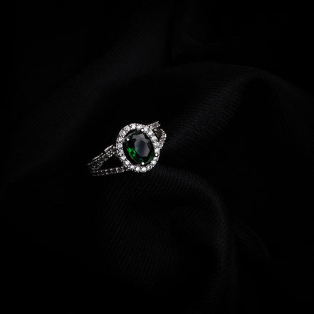 American Diamond Oval Halo Solitaire Statement Rhodium Plated Ring - Opal Touch