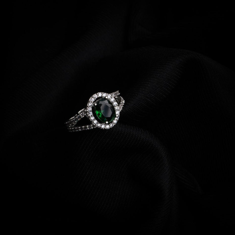 American Diamond Oval Halo Solitaire Statement Rhodium Plated Ring - Opal Touch