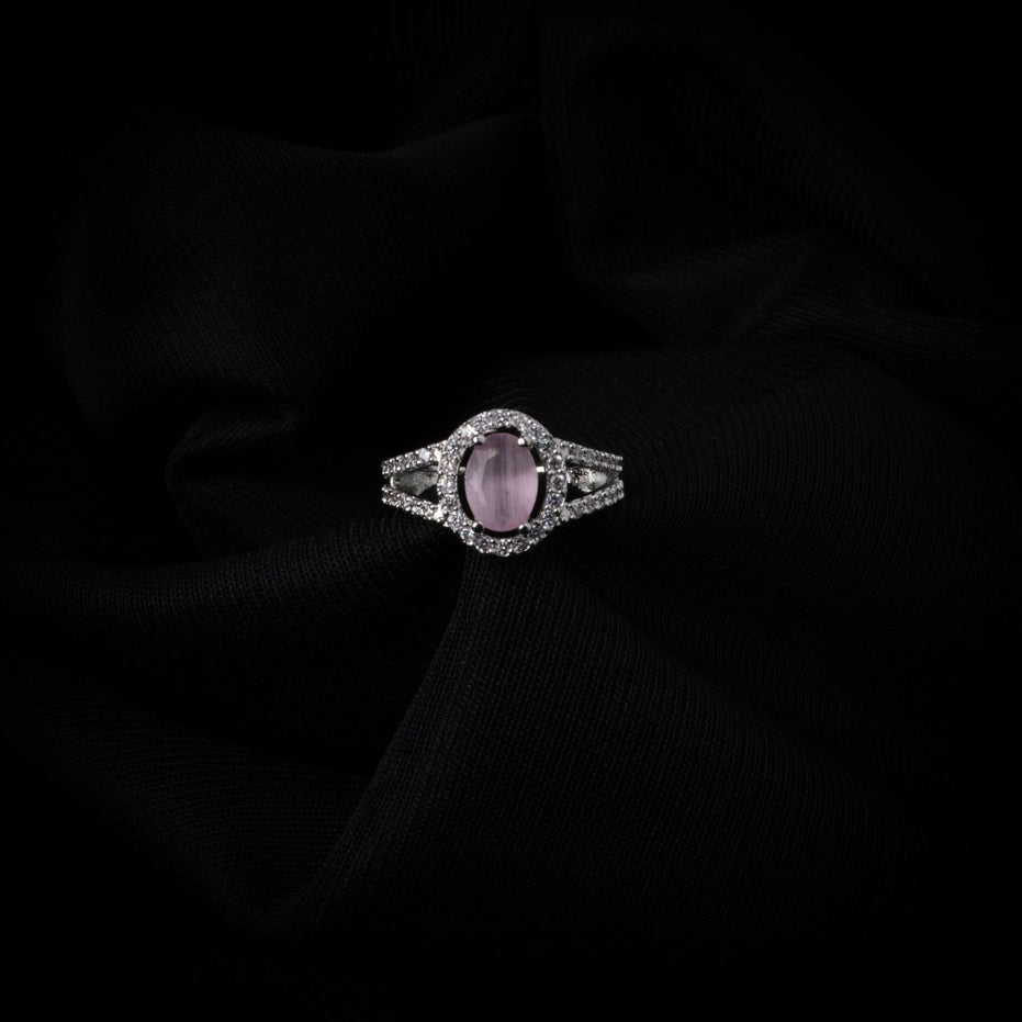 American Diamond Oval Halo Solitaire Statement Rhodium Plated Ring - Opal Touch
