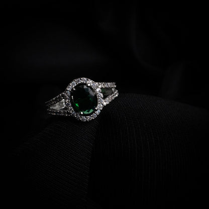 American Diamond Oval Halo Solitaire Statement Rhodium Plated Ring - Opal Touch