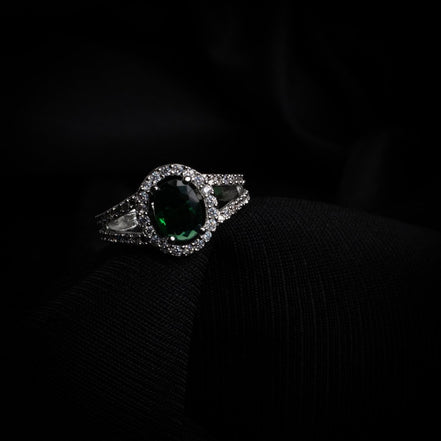 American Diamond Oval Halo Solitaire Statement Rhodium Plated Ring - Opal Touch