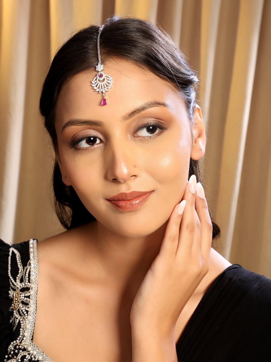 American Diamond Pink Stone Rhodium Plated Maang Tikka - Opal Touch