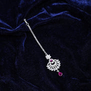 American Diamond Pink Stone Rhodium Plated Maang Tikka - Opal Touch